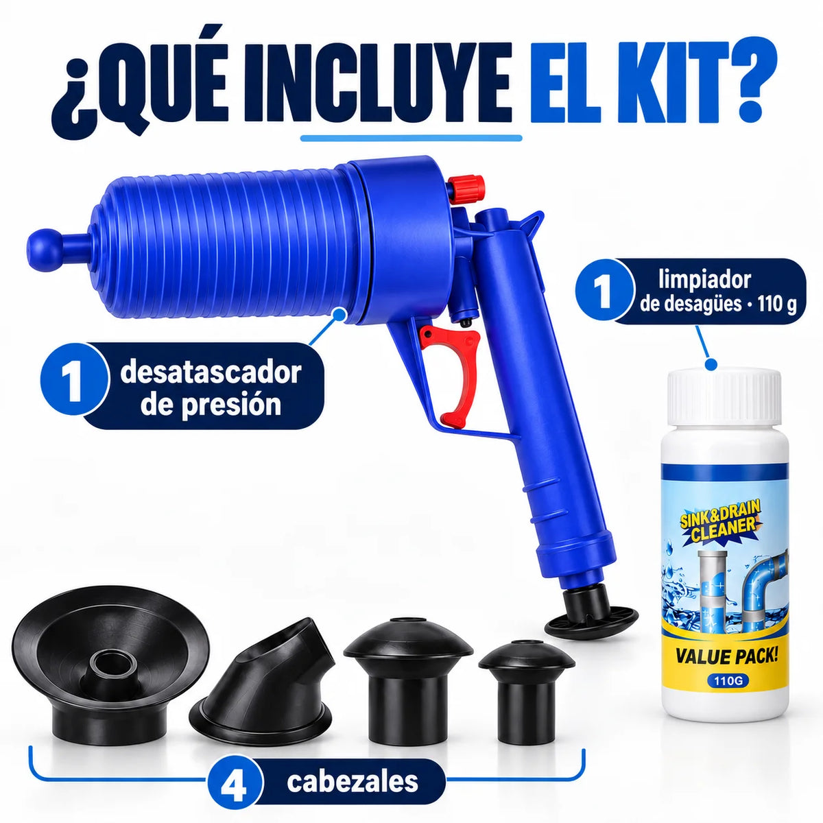 KIT PISTOLA DE DRENAJE DE AIRE ALTA PRESIÓN + LIMPIADOR DE DESAGÜE