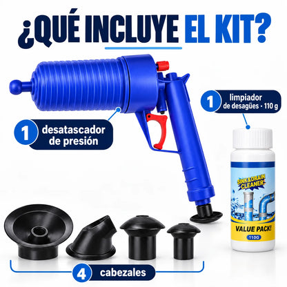 KIT PISTOLA DE DRENAJE DE AIRE ALTA PRESIÓN + LIMPIADOR DE DESAGÜE